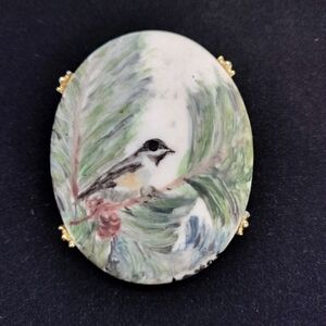 Handcrafted Bird Brooch Pin with Gold Accents Porcelain